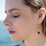 faceted apatite coin gemstone wrapped in gold filled wire held on a sterling silver handmade hoop