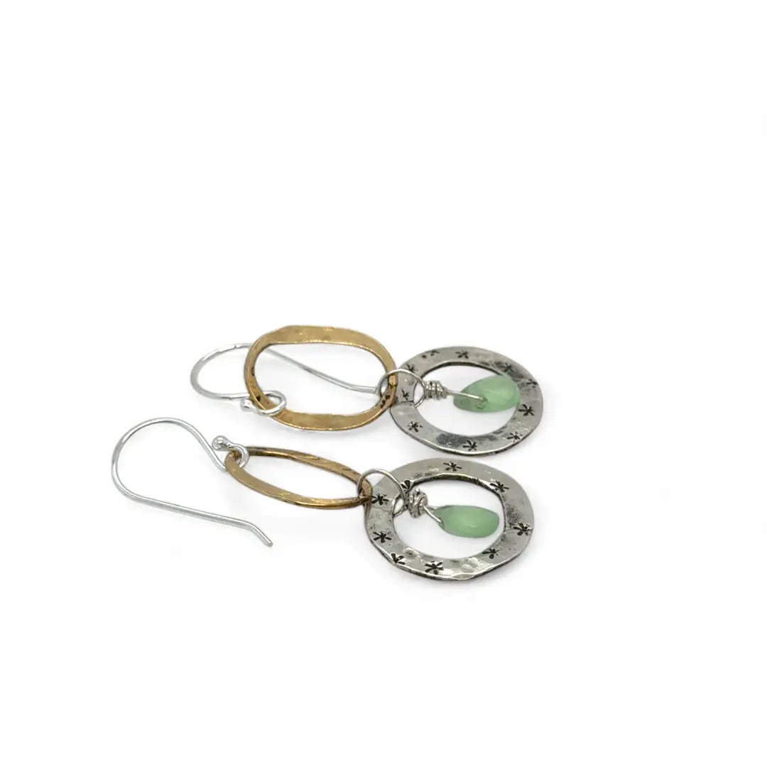 Star stamped hammered and darkened sterling silver rings and hammered brass ovals with a tiny new jade faceted drop dangle mini earrings