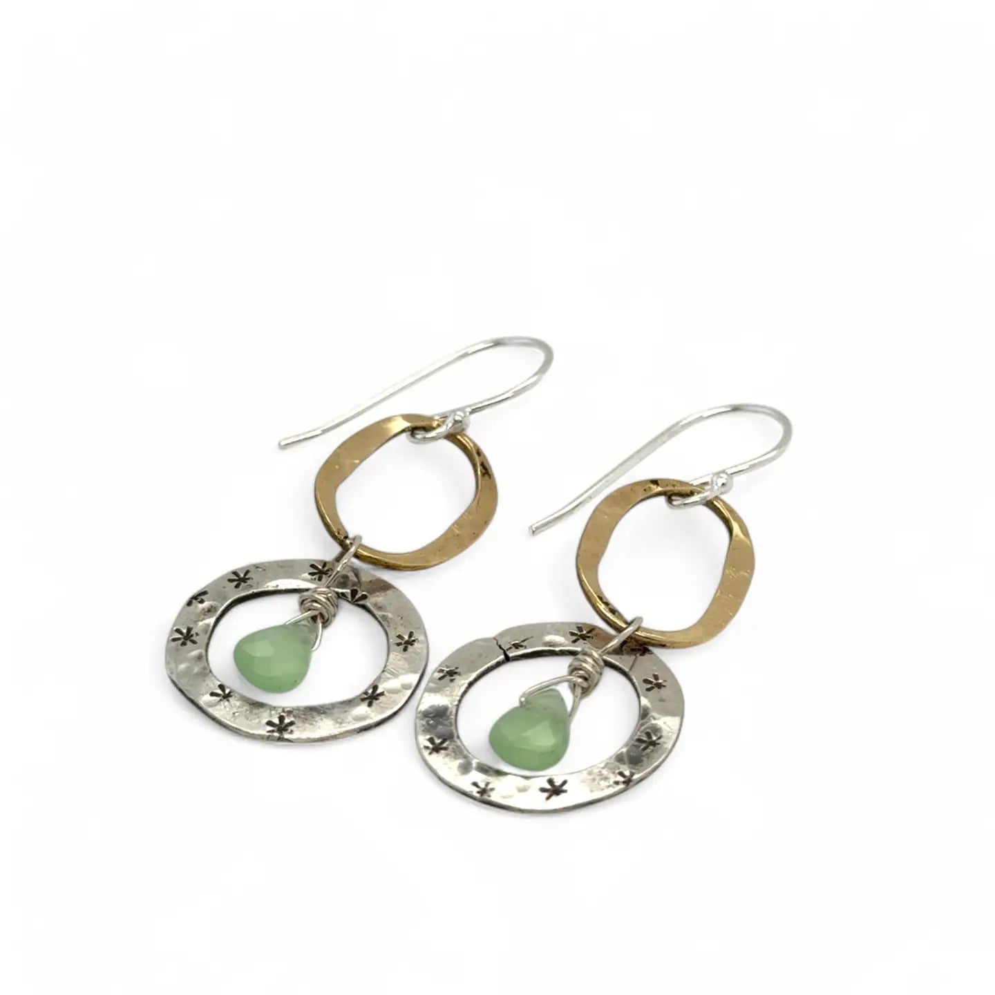 Star stamped hammered and darkened sterling silver rings and hammered brass ovals with a tiny new jade faceted drop dangle mini earrings