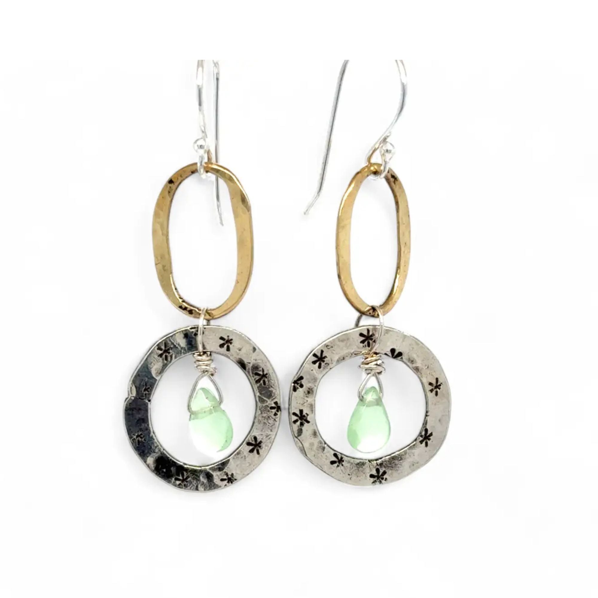 Star stamped hammered and darkened sterling silver rings and hammered brass ovals with a tiny new jade faceted drop dangle mini earrings