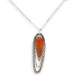 Smooth carnelian long drop with gold filled, sterling, and darkened sterling chain cascades on an arch or pyrite gemstones necklace