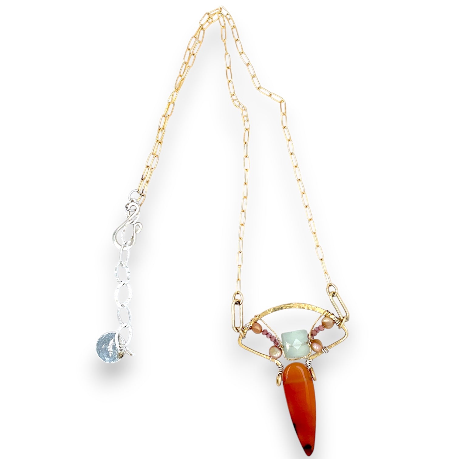 A Carnelian Fan Pendant Necklace with a gold chain, sterling silver accents, and a combination of pink tourmalines and cream freshwater pearls.
