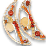 Bronze moon shaped earrings filled with carnelian, citrine, red cubic zirconia, and a citrine smooth teardrop on sterling silver wire