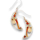 Bronze moon shaped earrings filled with carnelian, citrine, red cubic zirconia, and a citrine smooth teardrop on sterling silver wire