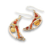 Bronze moon shaped earrings filled with carnelian, citrine, red cubic zirconia, and a citrine smooth teardrop on sterling silver wire