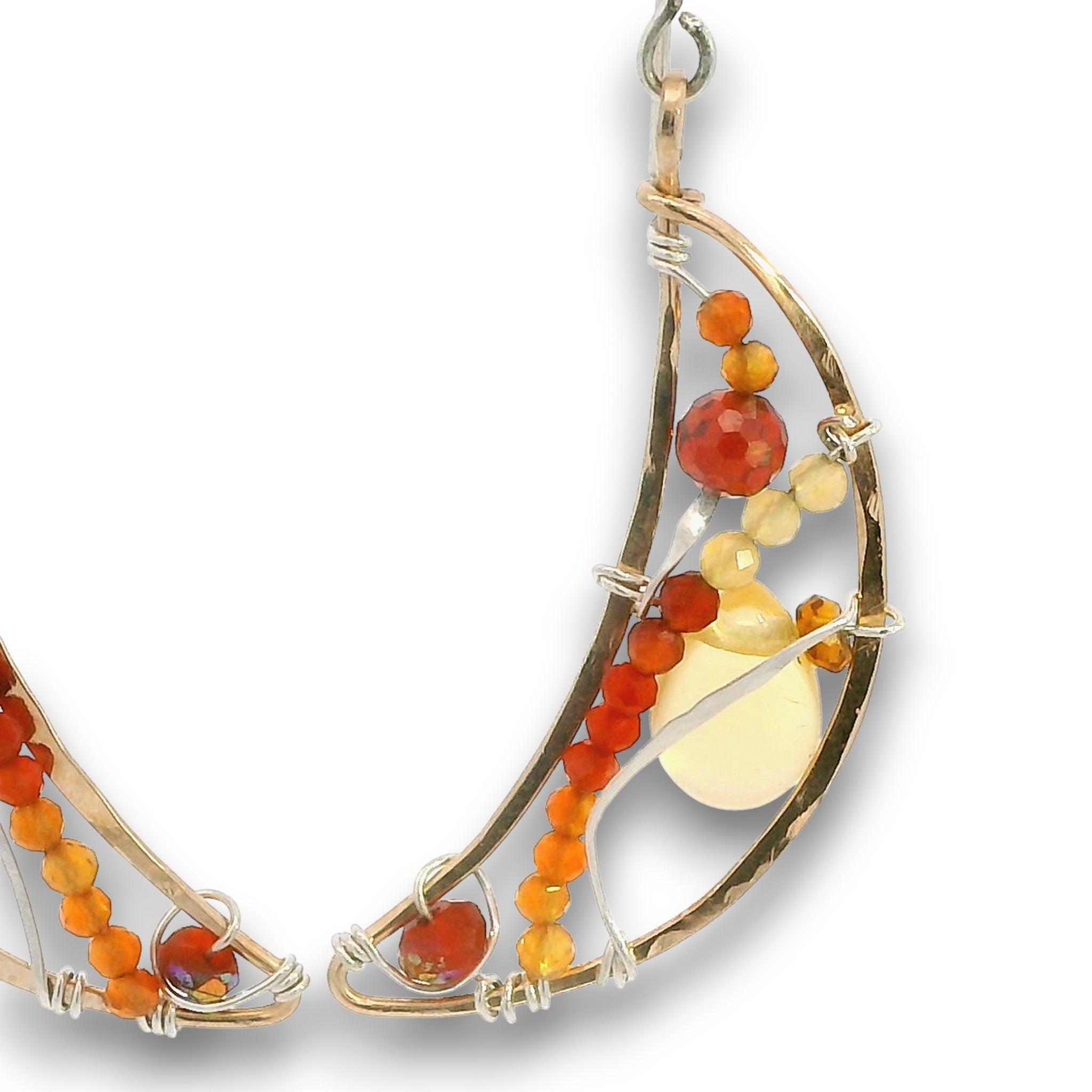 Bronze moon shaped earrings filled with carnelian, citrine, red cubic zirconia, and a citrine smooth teardrop on sterling silver wire