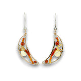 Bronze moon shaped earrings filled with carnelian, citrine, red cubic zirconia, and a citrine smooth teardrop on sterling silver wire