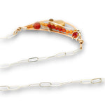 mini bronze moon pendant filled with a citrine teardrop, ombre carnelian mini gemstones, and cubic zirconia on sterling silver wire and oval chain necklace