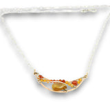mini bronze moon pendant filled with a citrine teardrop, ombre carnelian mini gemstones, and cubic zirconia on sterling silver wire and oval chain necklace