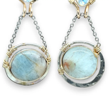 Sterling silver earrings with smooth aquamarine coins and crystal wrapped in gold-filled wire, accompanied by dainty sterling silver chain.