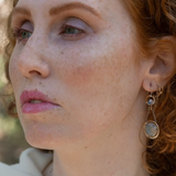 Sterling silver earrings with smooth aquamarine coins and crystal wrapped in gold-filled wire, accompanied by dainty sterling silver chain.