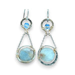 Sterling silver earrings with smooth aquamarine coins and crystal wrapped in gold-filled wire, accompanied by dainty sterling silver chain.