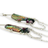 olive green bark fresh water pearl and ruby zoisite gemstones fill sterling silver hammered long arch earrings