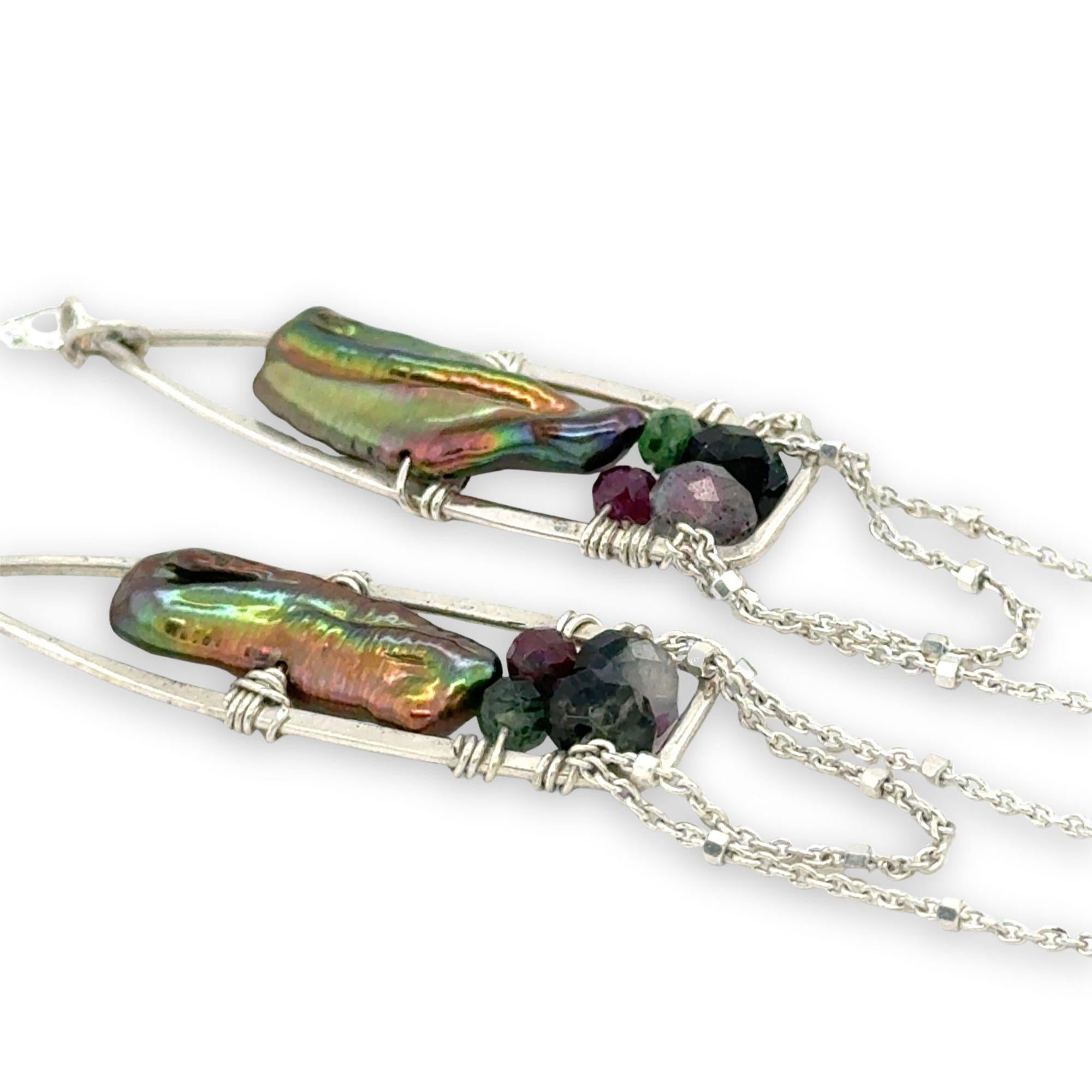 olive green bark fresh water pearl and ruby zoisite gemstones fill sterling silver hammered long arch earrings