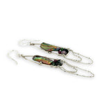 olive green bark fresh water pearl and ruby zoisite gemstones fill sterling silver hammered long arch earrings