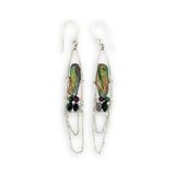 olive green bark fresh water pearl and ruby zoisite gemstones fill sterling silver hammered long arch earrings