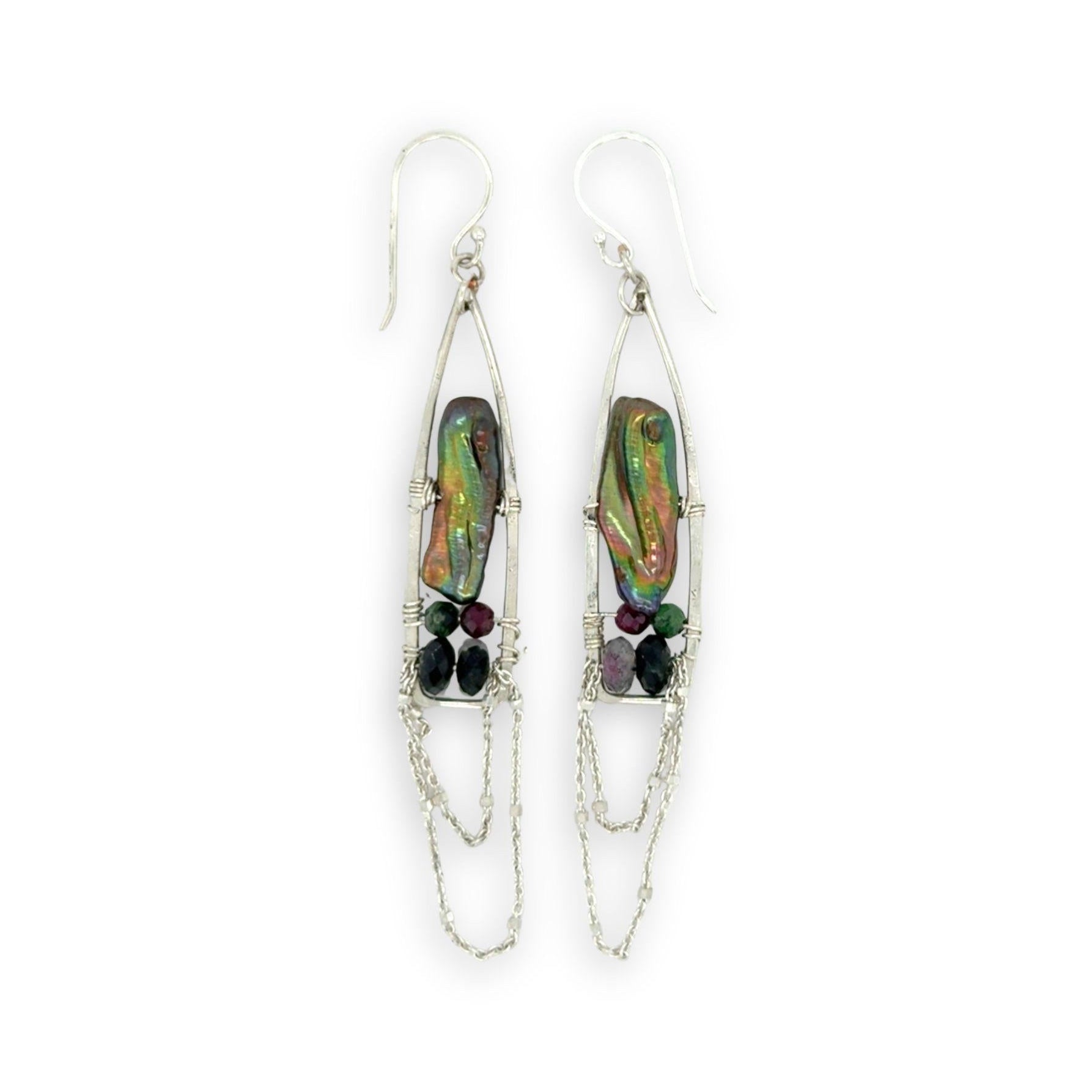 olive green bark fresh water pearl and ruby zoisite gemstones fill sterling silver hammered long arch earrings