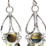 A pair of sterling silver chandelier earrings with cat's eye cut gemstones in various colors