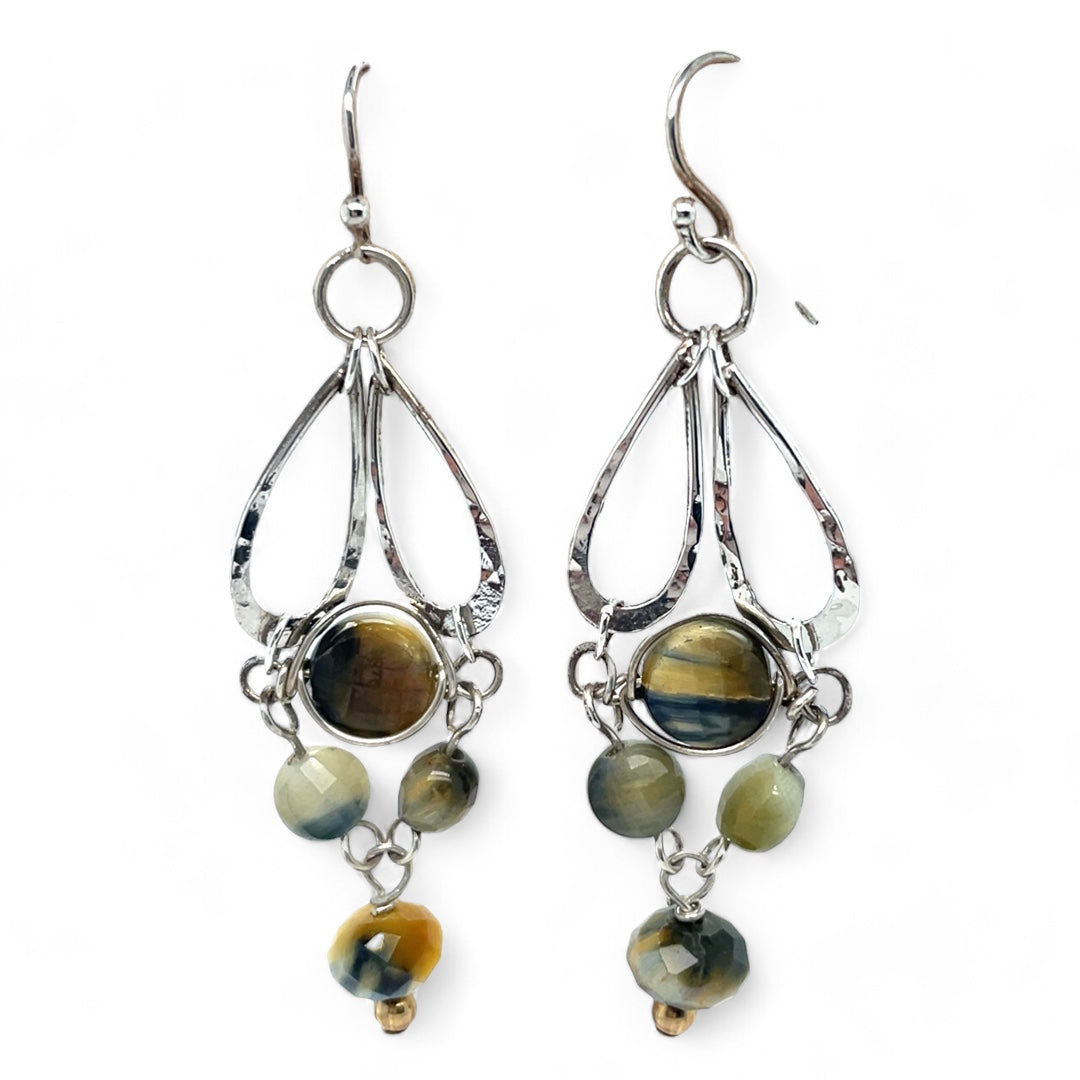 A pair of sterling silver chandelier earrings with cat's eye cut gemstones in various colors