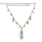 Oxidized sterling silver chain and gold filled charm necklace with blue lace agate large drop, silver fresh water pearl, crystal, and pyrite gemstones