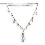 Oxidized sterling silver chain and gold filled charm necklace with blue lace agate large drop, silver fresh water pearl, crystal, and pyrite gemstones