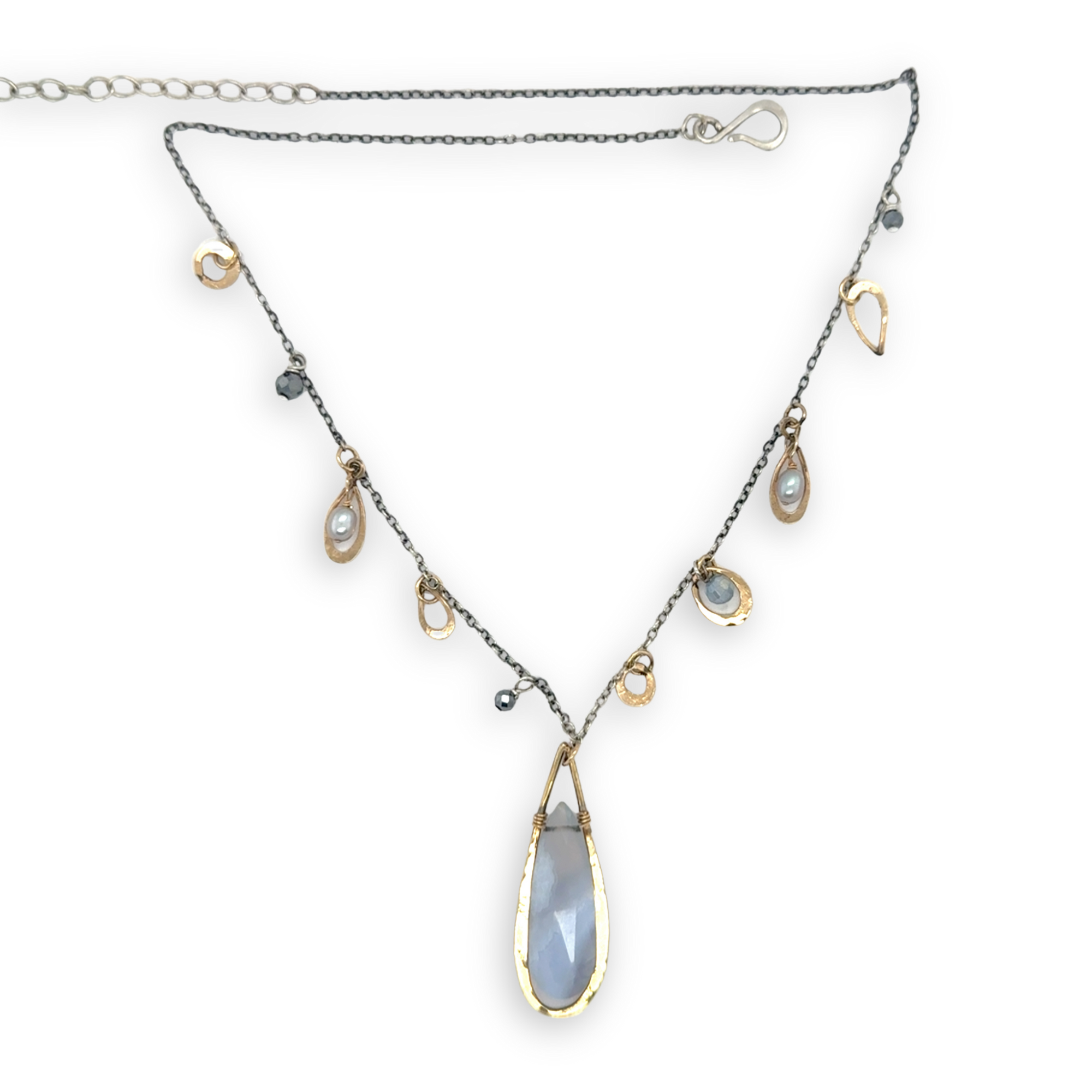 Oxidized sterling silver chain and gold filled charm necklace with blue lace agate large drop, silver fresh water pearl, crystal, and pyrite gemstones