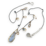 Oxidized sterling silver chain and gold filled charm necklace with blue lace agate large drop, silver fresh water pearl, crystal, and pyrite gemstones