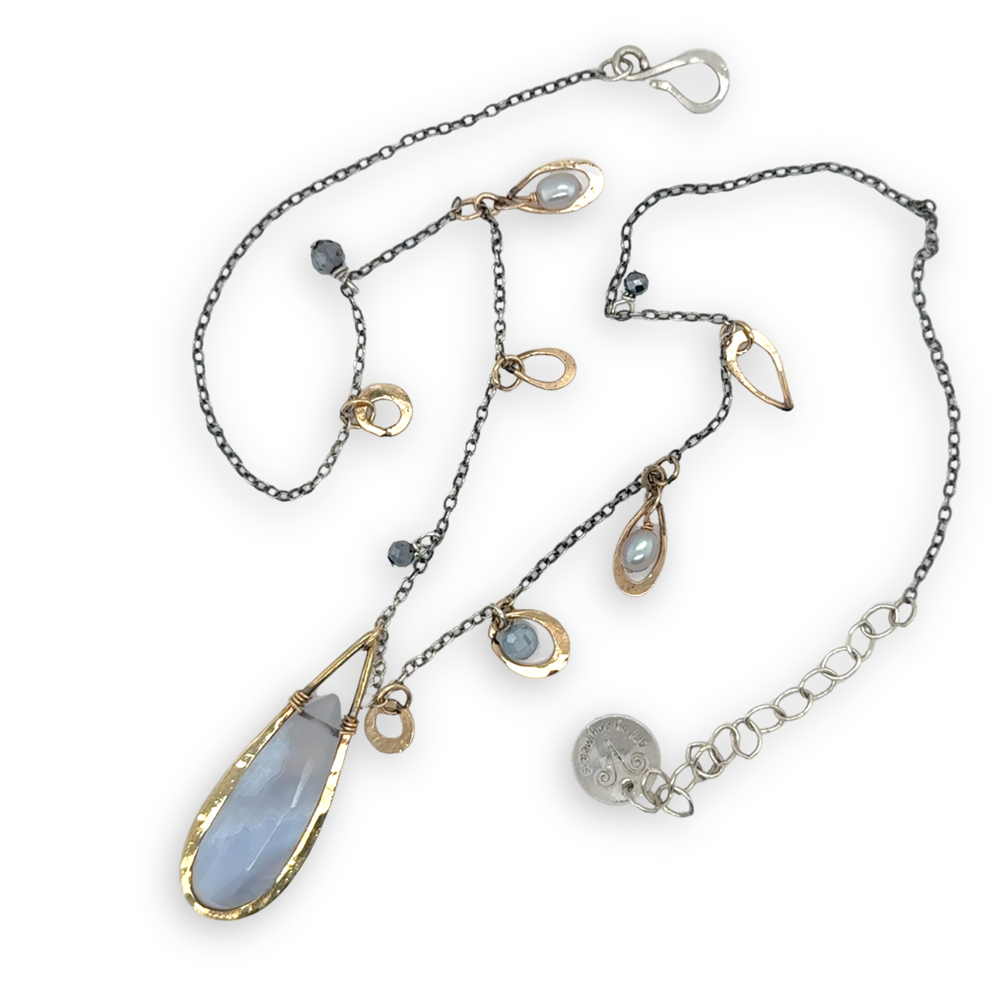 Oxidized sterling silver chain and gold filled charm necklace with blue lace agate large drop, silver fresh water pearl, crystal, and pyrite gemstones