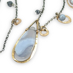 Oxidized sterling silver chain and gold filled charm necklace with blue lace agate large drop, silver fresh water pearl, crystal, and pyrite gemstones