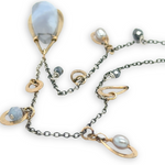 Oxidized sterling silver chain and gold filled charm necklace with blue lace agate large drop, silver fresh water pearl, crystal, and pyrite gemstones