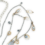 Oxidized sterling silver chain and gold filled charm necklace with blue lace agate large drop, silver fresh water pearl, crystal, and pyrite gemstones