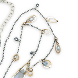 Oxidized sterling silver chain and gold filled charm necklace with blue lace agate large drop, silver fresh water pearl, crystal, and pyrite gemstones