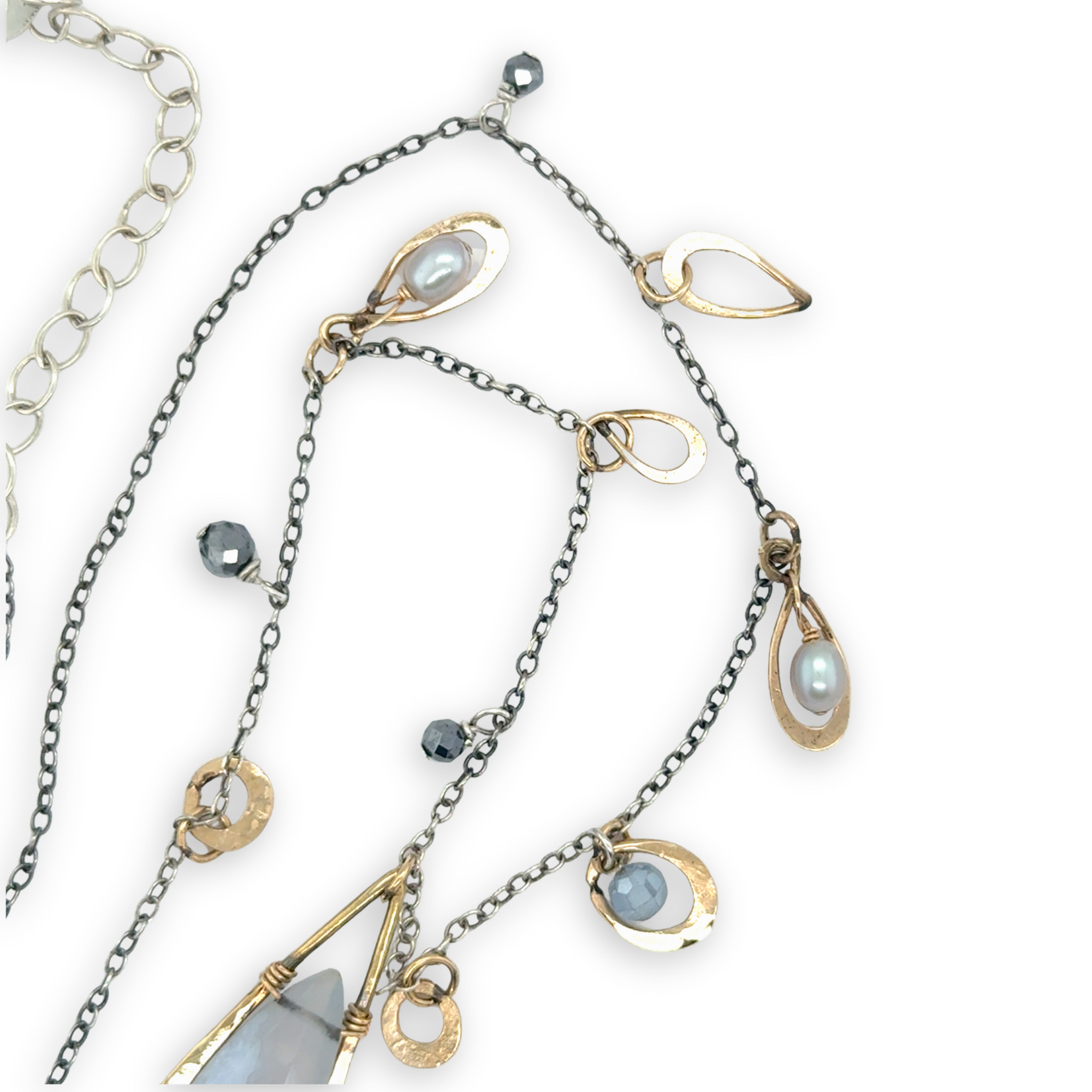 Oxidized sterling silver chain and gold filled charm necklace with blue lace agate large drop, silver fresh water pearl, crystal, and pyrite gemstones