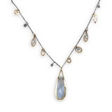 Oxidized sterling silver chain and gold filled charm necklace with blue lace agate large drop, silver fresh water pearl, crystal, and pyrite gemstones