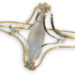 hammered and leaf stamped brass statement bracelet with large blue lace agate drop center