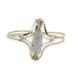 hammered and leaf stamped brass statement bracelet with large blue lace agate drop center