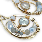 Brass drop earrings with light blue silver fresh water pearl coins, blue lace agate, blue crystal, and aquamarine gemstone earrings