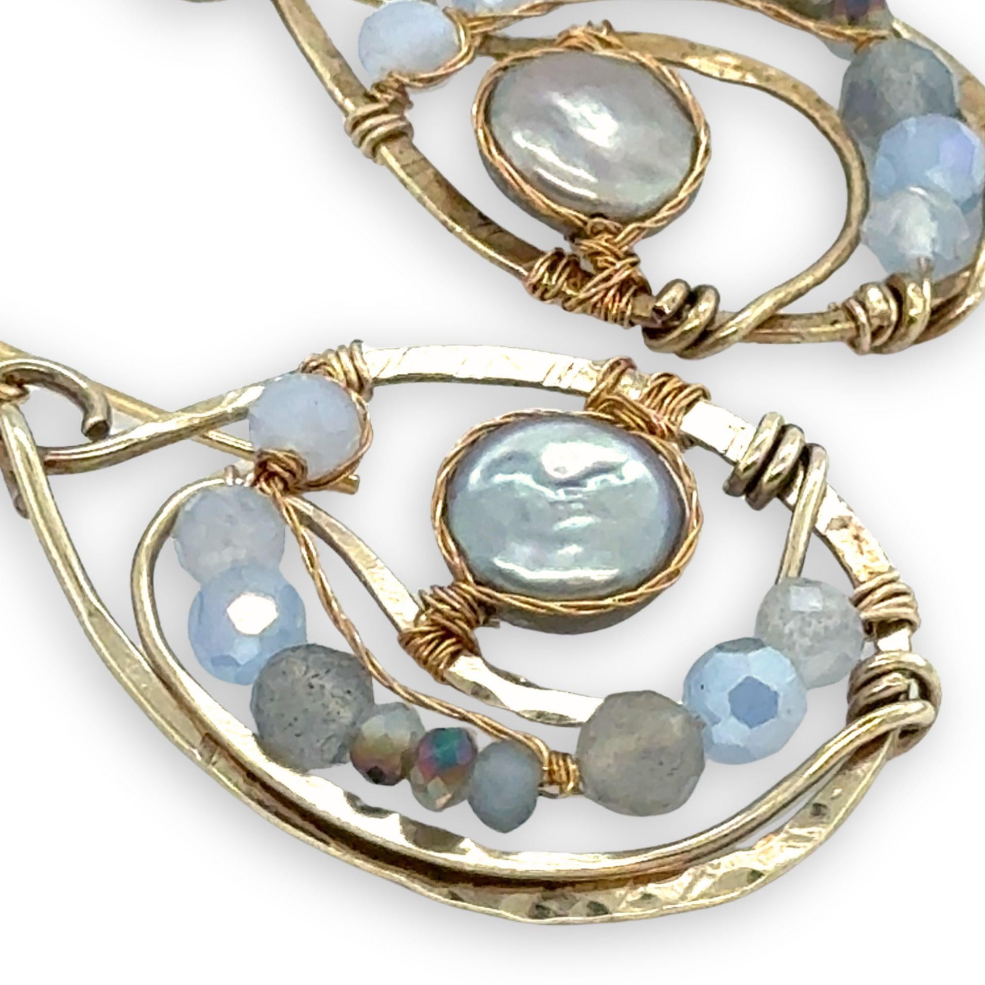 Brass drop earrings with light blue silver fresh water pearl coins, blue lace agate, blue crystal, and aquamarine gemstone earrings