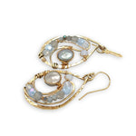 Brass drop earrings with light blue silver fresh water pearl coins, blue lace agate, blue crystal, and aquamarine gemstone earrings