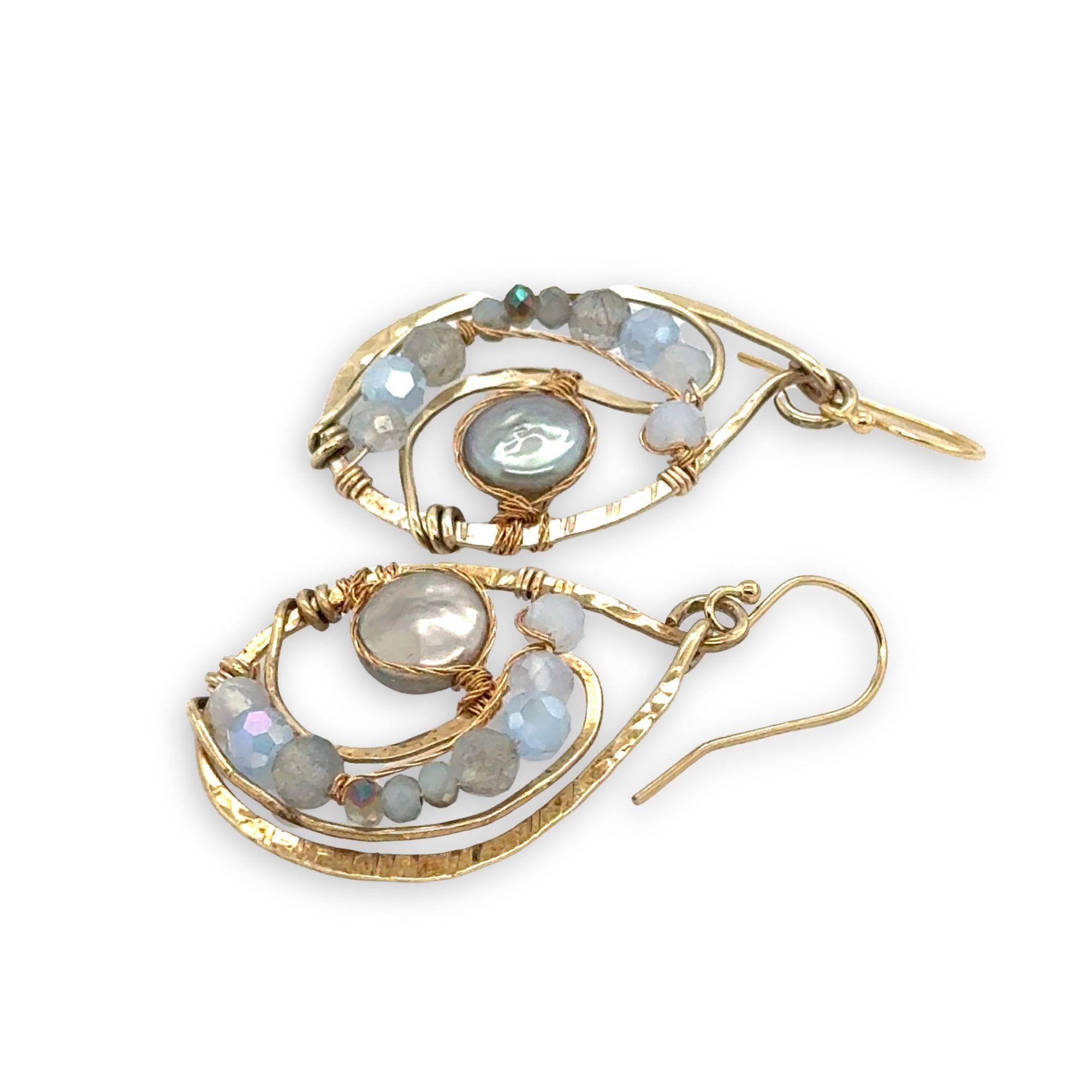 Brass drop earrings with light blue silver fresh water pearl coins, blue lace agate, blue crystal, and aquamarine gemstone earrings