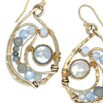 Brass drop earrings with light blue silver fresh water pearl coins, blue lace agate, blue crystal, and aquamarine gemstone earrings