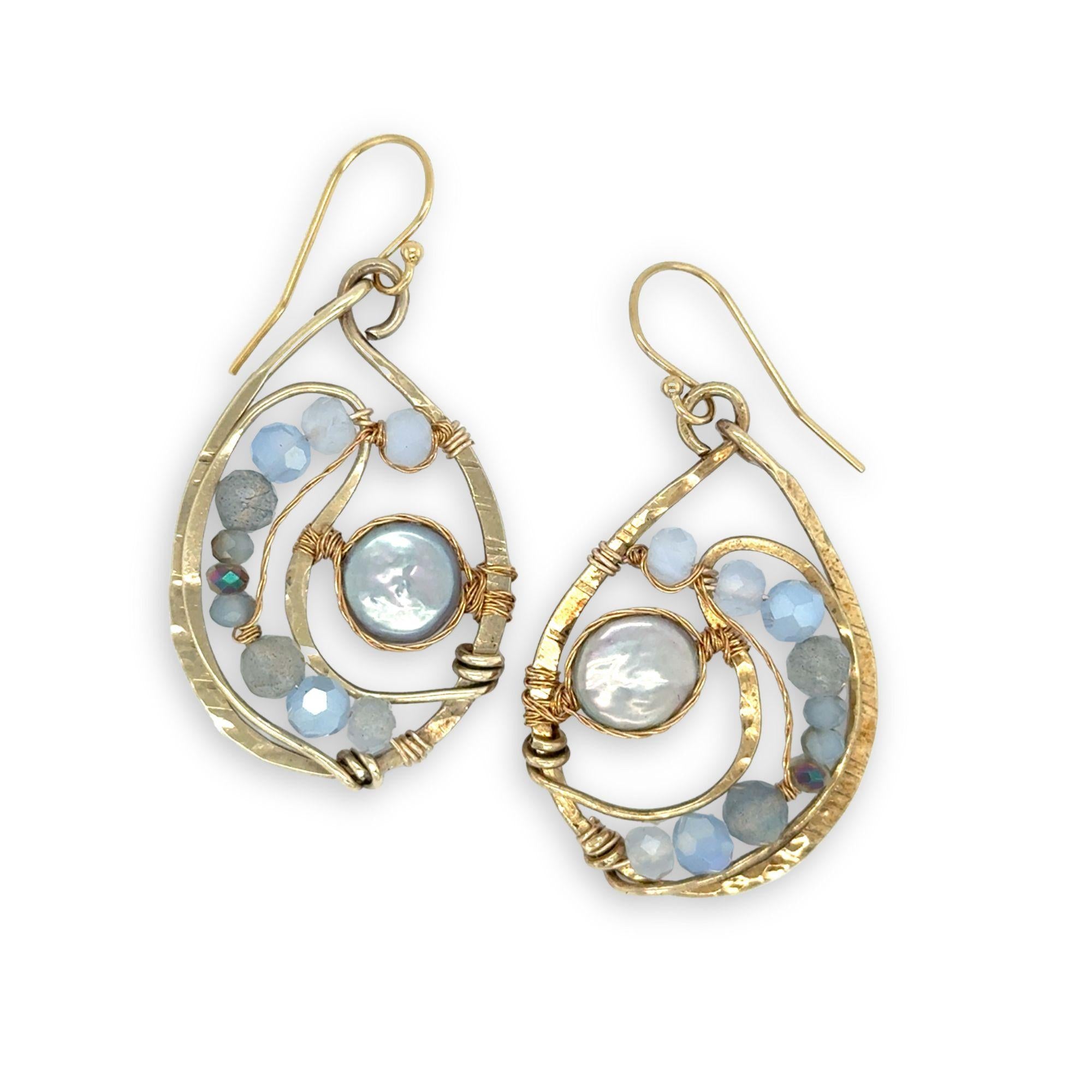 Brass drop earrings with light blue silver fresh water pearl coins, blue lace agate, blue crystal, and aquamarine gemstone earrings