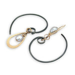 Pair of earrings with bronze mini teardrops on handmade oxidized hoop hooks with silver fresh water pearl charms