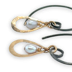 Pair of earrings with bronze mini teardrops on handmade oxidized hoop hooks with silver fresh water pearl charms