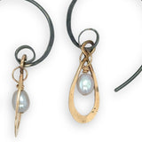 Pair of earrings with bronze mini teardrops on handmade oxidized hoop hooks with silver fresh water pearl charms