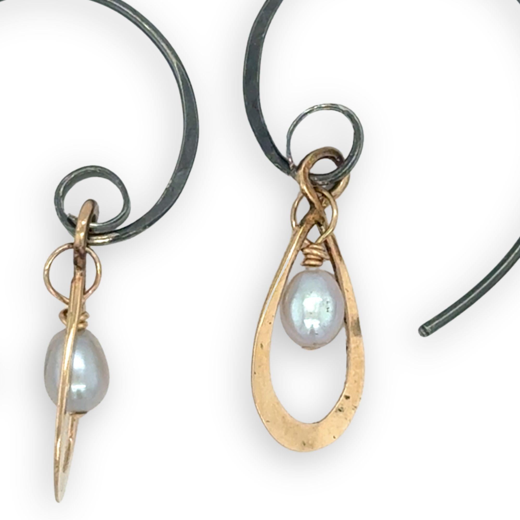 Pair of earrings with bronze mini teardrops on handmade oxidized hoop hooks with silver fresh water pearl charms