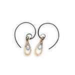 Pair of earrings with bronze mini teardrops on handmade oxidized hoop hooks with silver fresh water pearl charms