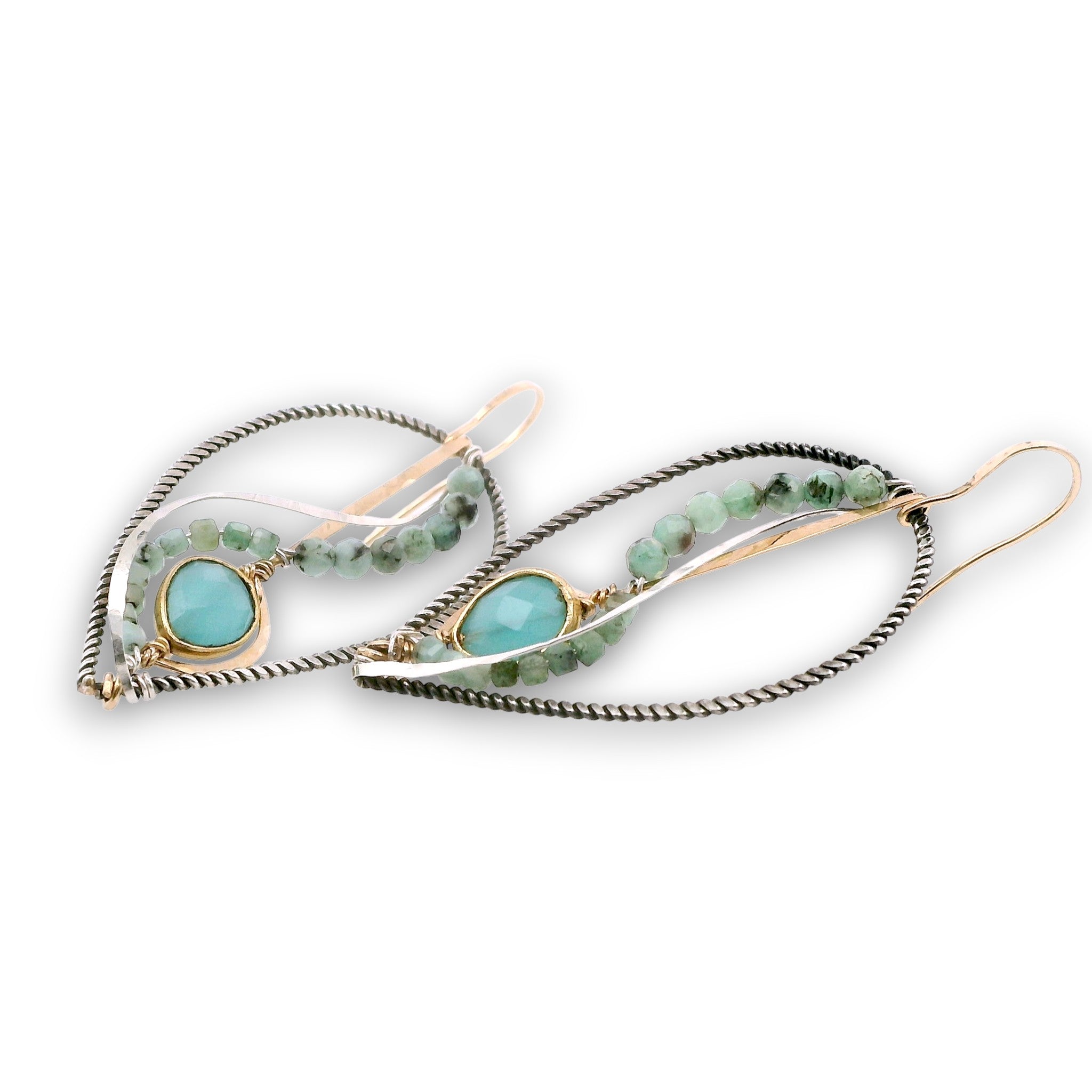 Oxidized sterling silver twist drop earrings with chalcedony gemstones set in gold filled wire with emerald gemstones and sterling silver accents