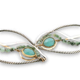 Oxidized sterling silver twist drop earrings with chalcedony gemstones set in gold filled wire with emerald gemstones and sterling silver accents