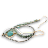 Oxidized sterling silver twist drop earrings with chalcedony gemstones set in gold filled wire with emerald gemstones and sterling silver accents
